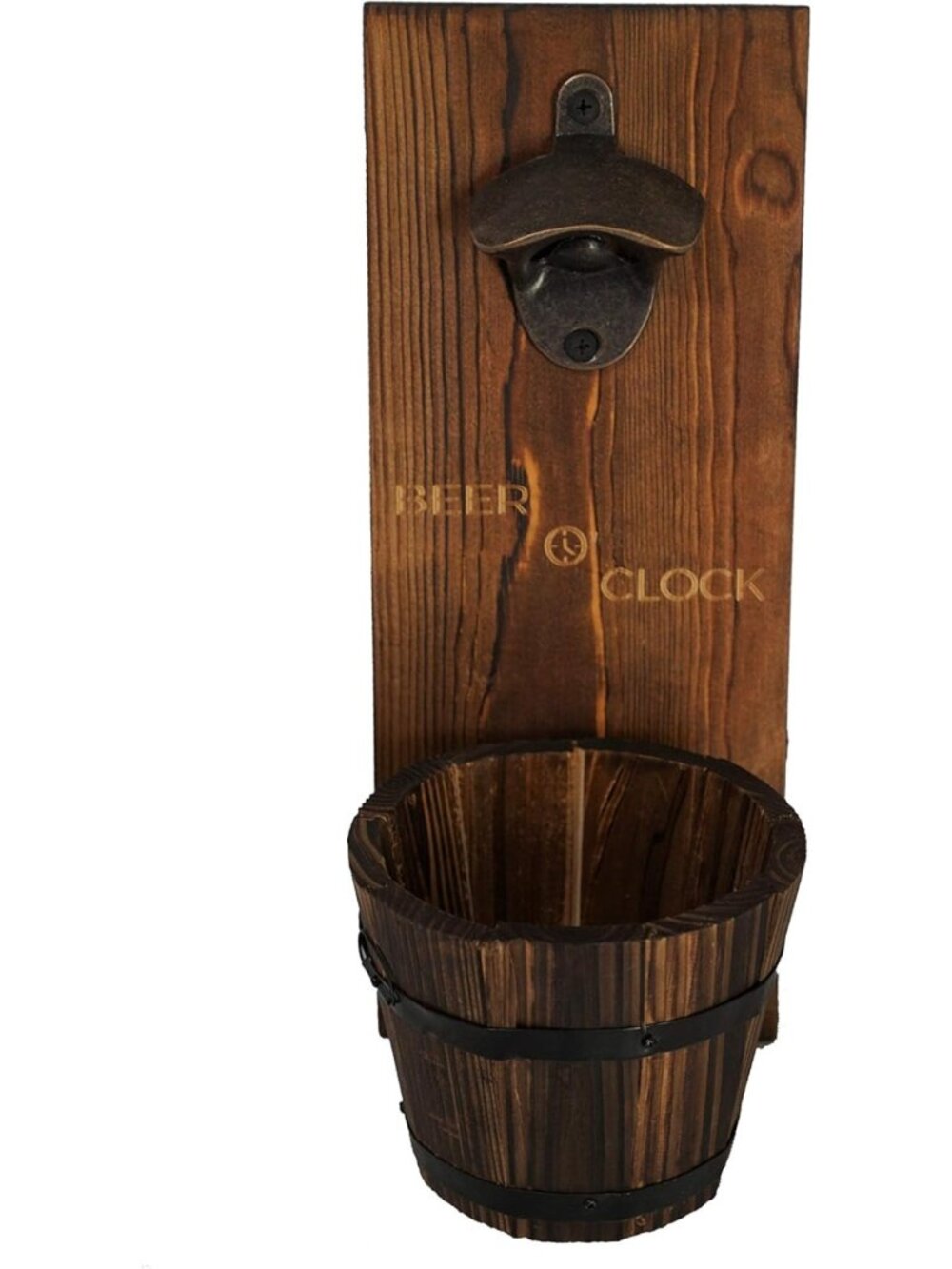 Rustic Wall Mounted Bottle Opener with Catcher - Dark Stain Pine & Zinc Alloy